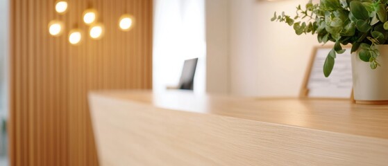 Poster - Warm Serenity Cream Wooden Reception Desk Display for Healthcare Marketing with Soft Matte Aesthetic and Modern Professional Design