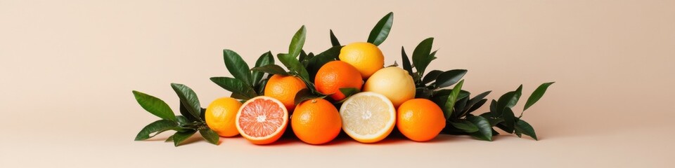 Poster - Gradient Citrus Spectrum Vibrant Orange and Lemon Display with Natural Foliage Modern Produce Styling for Fresh Market Innovation and Health-Conscious Branding