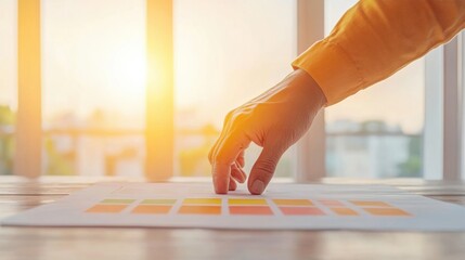 Leinwandbilder - Sunlit Workspace Strategy Hand Engages with Vibrant Graph Printouts on Wooden Desk - Professional Financial Planning for Dynamic Investment Growth and Portfolio Management