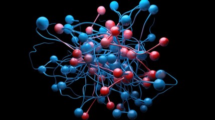 Wall Mural - abstract representation of molecular structure with interconnected blue and pink atoms on a black ba