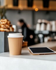 Poster - Chic Hybrid Workspace Cafe Textured Coffee Cup and Tablet in Modern Professional Setting - Remote Collaboration Vision and Interior Business Design