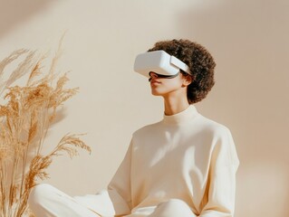 Leinwandbilder - Minimalist VR Meditation Afro-Descendant Youth in Beige Knitwear Embraces Digital Relaxation in Contemporary Living - Enhanced Mindfulness for Tech and Wellness Integration