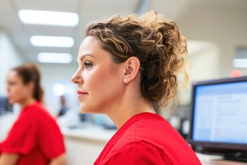 Aufkleber - Modern Healthcare Interaction Professional Receptionist in Red Uniform Engages in Patient Care Within Digital Hospital Environment - Streamlined Workflow and Efficient Data Management