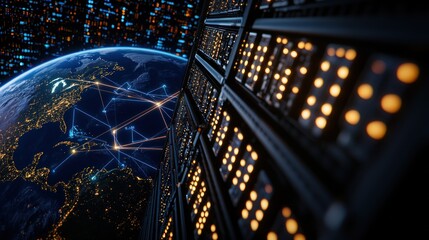 Wall Mural - futuristic data center with illuminated servers showcasing global connectivity over earth