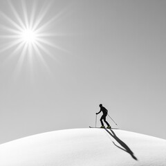Aufkleber - Minimalist Winter Sports Silhouette Cross-Country Skier on Snowy Hilltop at Sunset - Endurance Fitness Content for Outdoor Gear Marketing and Athletic Lifestyle Promotion