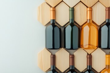 Leinwandbilder - Minimalist Wine Display Geometric Wooden Rack with Assorted Bottles - Premium Beverage Content and Contemporary Wine Storage Solution