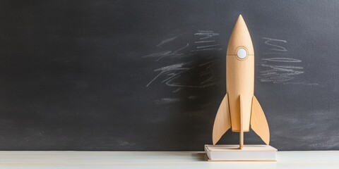 Poster - Mid-Century Modern Rocket Display on Chalkboard Wooden Educational Tools and Textures - Academic Branding for Engaging Classroom Design and Learning Enhancement