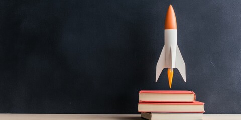 Poster - Minimalist Classroom Decor Rocket Prop on Textbooks Against Chalkboard Boost Educational Content with Modern Learning Aesthetics