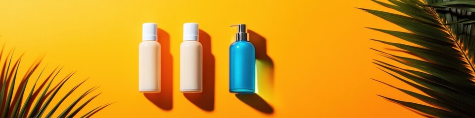 Poster - Contemporary Skincare Visualization Glass Bottles and Leaf Silhouettes on Vibrant Orange - Minimalist Beauty Branding and Natural Ingredient Promotion
