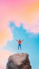 Poster - Vibrant Gradient Skies Silhouette of Leaping Figure on Cliff Edge - Dynamic Achievement Imagery for Creative Marketing and Digital Campaigns