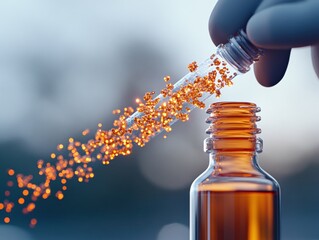 Poster - Biophilic Molecular Visualization Glowing Nanoparticle Dispersion in Amber Vial with Digital Interface - Cutting-edge Biochemistry Solutions and Innovative Research Facility Design