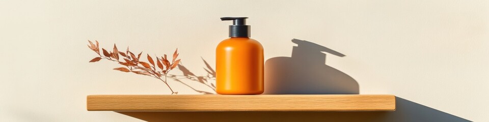 Poster - Minimalist Beauty Shelf Display Glass Amber Bottle with Botanical Touch on Wooden Shelf - Modern Eco Branding and Natural Skincare Marketing for Wellness Industry