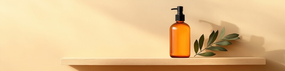 Poster - Minimalist Skincare Display Organic Glass Bottle on Wooden Shelf with Botanical Accent - Enhancing Wellness Branding and Eco-Friendly Product Marketing