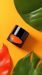 Poster - Vibrant Skincare Presentation Sleek Black Cream Jar with Fresh Orange Accents and Lush Green Leaves - Organic Beauty Marketing and Wellness Retail Innovation