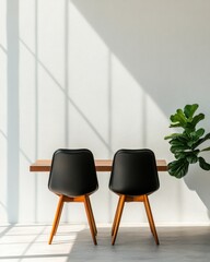 Poster - Minimalist Workspace Design Sleek Black Chairs and Wooden Desk with Natural Light - Professional Office Elegance for Modern Business Atmospheres