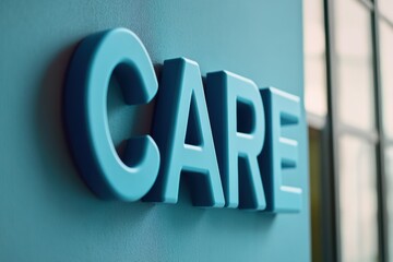 Poster - Minimalist Healthcare Graphic Light Blue CARE Letters from Medical Forms in Sunlit Office - Modern Wellness Branding and Supportive Visual Content