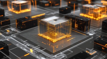 Wall Mural - futuristic digital circuit board with glowing orange elements and intricate patterns
