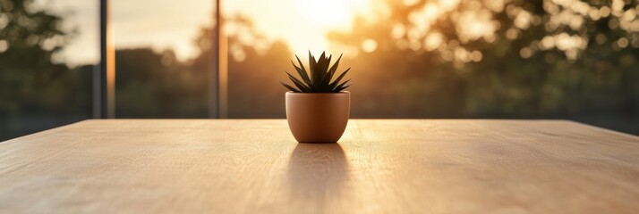 Poster - Scandinavian Modern Workspace Minimalist Wooden Table with Succulent in Sunset Light - Productivity and Design in Contemporary Office Environments