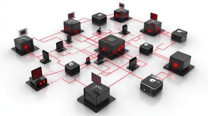 Wall Mural - abstract digital network with interconnected nodes and devices showcasing data flow and monitoring
