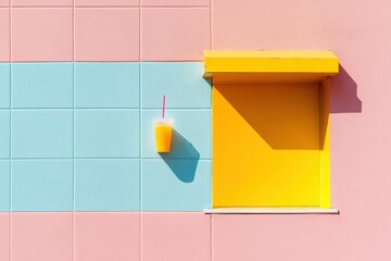 Poster - Vibrant Minimalist Beverage Display Fresh Juice in Acrylic with Tropical Citrus On Pastel Geometric Wall - Modern Marketing Content and Healthy Drink Lifestyle Branding