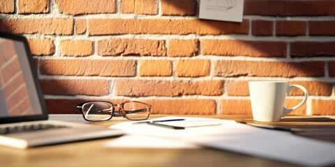 Poster - Rustic Workspace Aesthetic Brick Wall with Stylish Laptop and Coffee - Office Humor and Creative Pet Productivity Content for Modern Marketing and Business Innovation