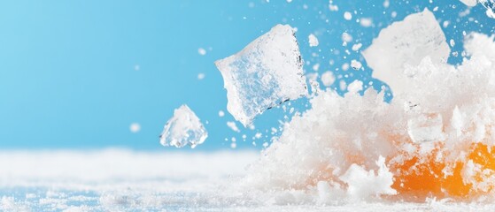 Aufkleber - Dynamic Ice Crystalline Blocks on Vibrant Orange and Blue Backdrop - Visual Content for Creative Marketing and Cold Beverage Branding