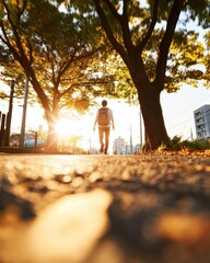 Poster - Nature-Infused Urban Mobility Young Professional in Business Casual Walking Under Morning Sun - Eco Commuting and Sustainable City Lifestyle Content for Modern Professionals