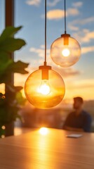 Aufkleber - Sunset-Lit Modern Workspace Glass Globe Pendants with Ambient Light and Wooden Table - Corporate Training Visuals and Innovative Office Design for Professional Growth