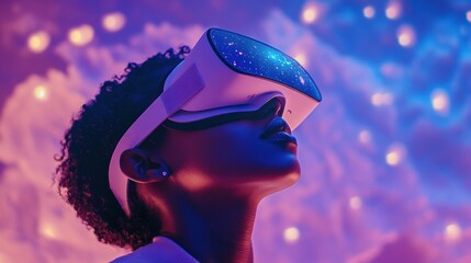 Aufkleber - Immersive Cosmic VR Experience Modern Woman Engages in Digital Astronomy with Velvet-Feel Headset - Enhancing Virtual Tourism and Educational Environments