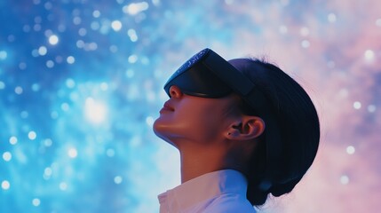 Aufkleber - Cosmic VR Experience Indigenous Woman Engages with Digital Starscape in Night Sky Simulation - Immersive Tech for Tourism and Educational Exploration