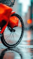 Poster - Dynamic Urban Delivery Eco-Friendly Cargo Bike with Vibrant Rain-Splashed Packages - Sustainable Logistics in Bustling Cityscapes for Modern Retail Efficiency