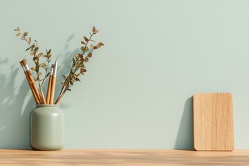 Poster - Modern Minimalist Workspace Wooden Desk with Digital Drawing Tablet and Sketch Tools for Innovative Design Content in Creative Industries