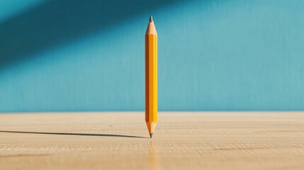 Aufkleber - Minimalist Creative Focus Upright Yellow Pencil on Wooden Surface in Golden Hour - Educational Content and School Campaigns with Classic Writing Tools