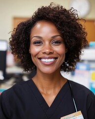 Aufkleber - Welcoming Healthcare Experience Smiling Receptionist in Modern Clinic Setting with Tech-Enhanced Services - Patient-Centric Medical Support Imagery