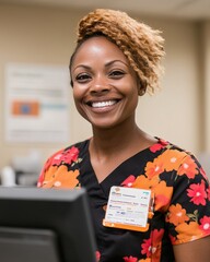 Aufkleber - Welcoming Healthcare Experience Friendly Receptionist with Vibrant Uniform Enhancing Patient Interaction at Modern Medical Facility - Professional Wellness and Patient-Care Solutions