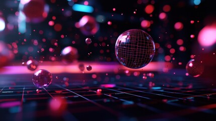 Wall Mural - abstract digital scene featuring floating spheres with grid patterns in a vibrant, futuristic settin