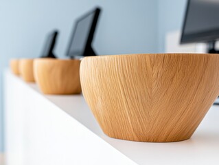 Aufkleber - Natural Minimalist Aesthetic in Healthcare Wooden Bowls and Modern Tech on White Reception Desk - Enhancing Patient Experience and Sustainable Design in Medical Facilities