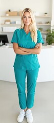 Aufkleber - Minimalist Healthcare Aesthetics Professional Female in Structured Medical Uniform with Soothing Palette - Elevating Modern Wellness and Clinic Reception Design