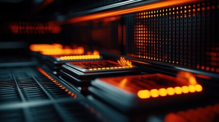 Wall Mural - close-up of illuminated server components in a data center showcasing advanced technology