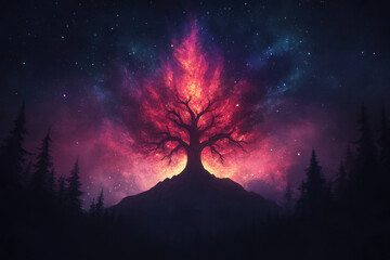 Wall Mural - A tree with red leaves is surrounded by a dark sky