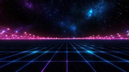 Wall Mural - futuristic neon landscape with glowing grid and starry night sky, ideal for digital art backgrounds