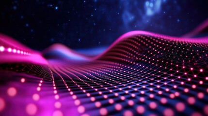 Wall Mural - vibrant abstract digital landscape with flowing waves of light and dots against a starry background