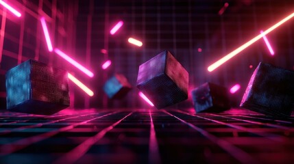 Poster - abstract digital scene featuring floating cubes and neon lights in a grid environment