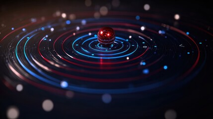 Wall Mural - abstract representation of a red sphere surrounded by concentric waves and glowing particles