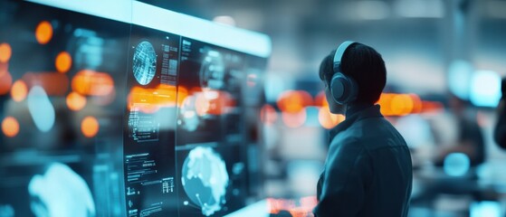 Aufkleber - Futuristic Tech Workspace Vibes Motion Blur Dynamics with Digital Travel Interfaces - Boosting Business Innovation and Immersive Marketing in Tech Industry