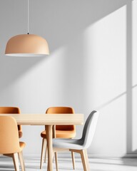 Poster - Mid-Century Modern Workspace Minimalist Wooden Table with Vibrant Upholstered Chairs and Contemporary Lighting - Ideal for Dynamic Office Designs and Innovative Team Collaboration