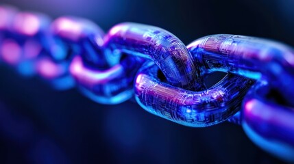Wall Mural - close-up of a futuristic metallic chain link glowing in vibrant colors against a blurred background