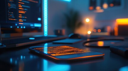 Mobile app development workspace with glowing AR code, sleek modern office, vibrant lighting, photorealistic
