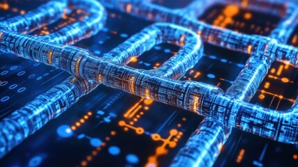 Wall Mural - futuristic digital grid with glowing blue and orange lines representing technology and data flow
