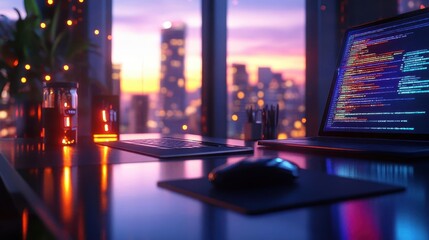 Mobile app development workspace with glowing AR code, sleek modern office, vibrant lighting, photorealistic
